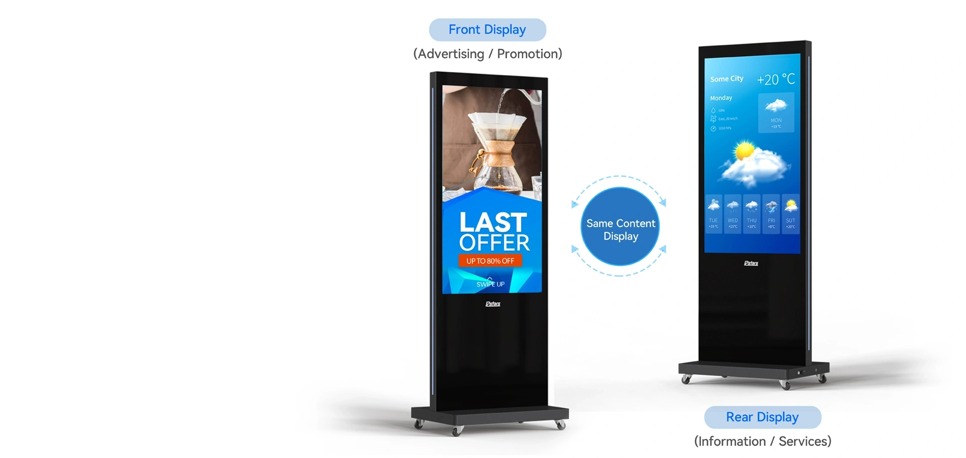 55 Inch Double Sided Floor Standing Digital Signage Kiosk with Wheels- same content display