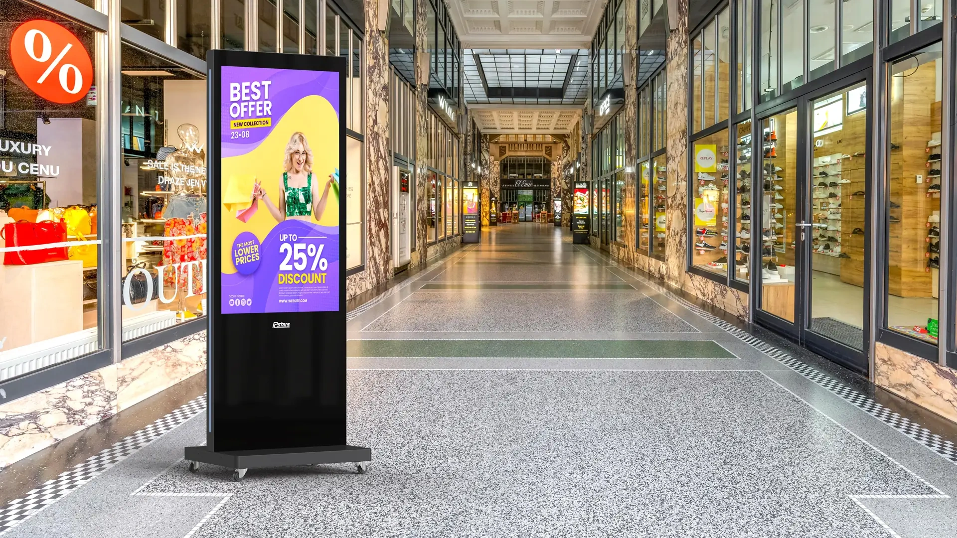 55 Inch Double Sided Floor Standing Digital Signage Kiosk with Wheels-led strip details use scenario
