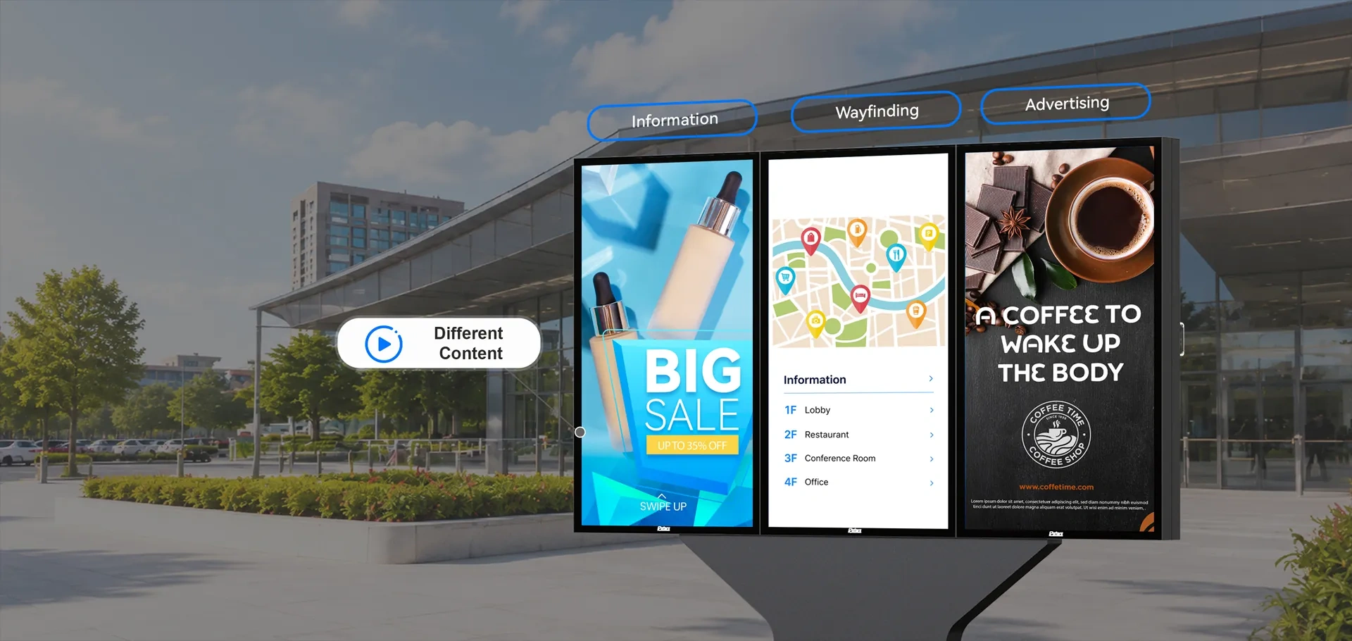 55 inch Triple-Screen Advertising Display with different content