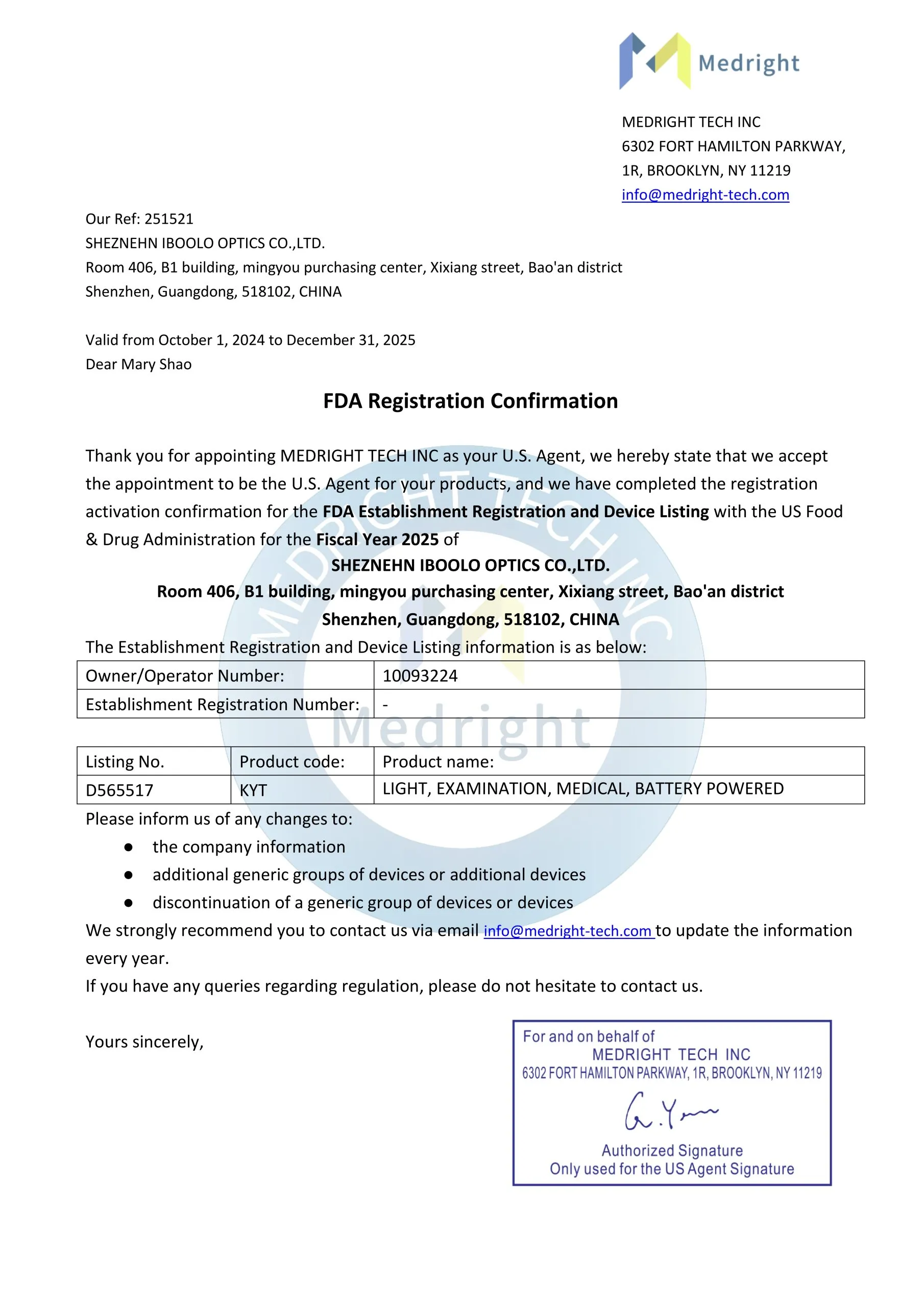 FDA Registration Confirmation