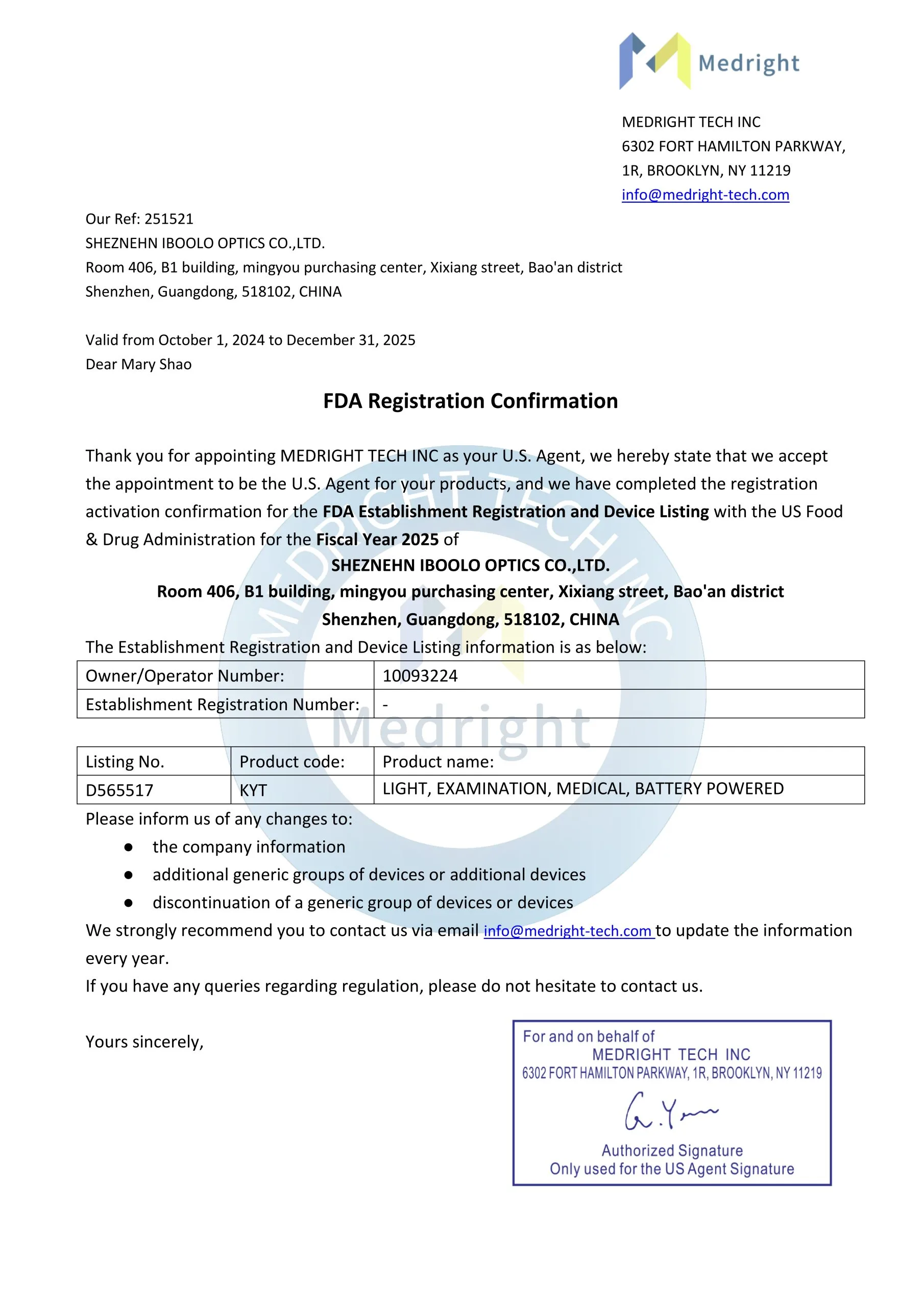 FDA Registration Confirmation