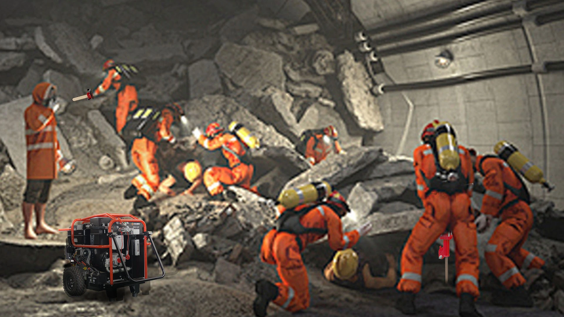 few men help people in Collapsed mine shaft with handheld hydraulic tools