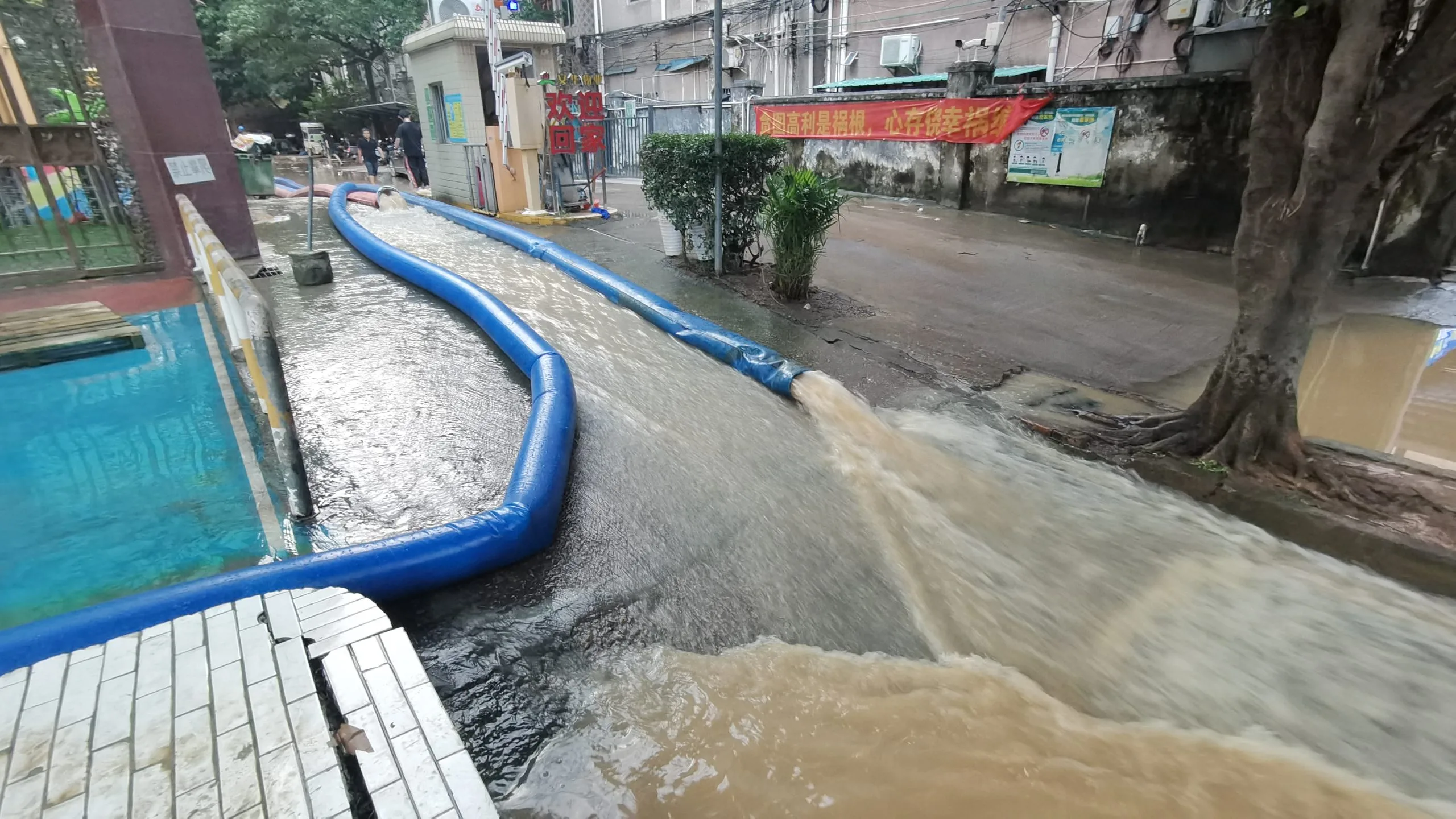 a long water hose pumping flood water