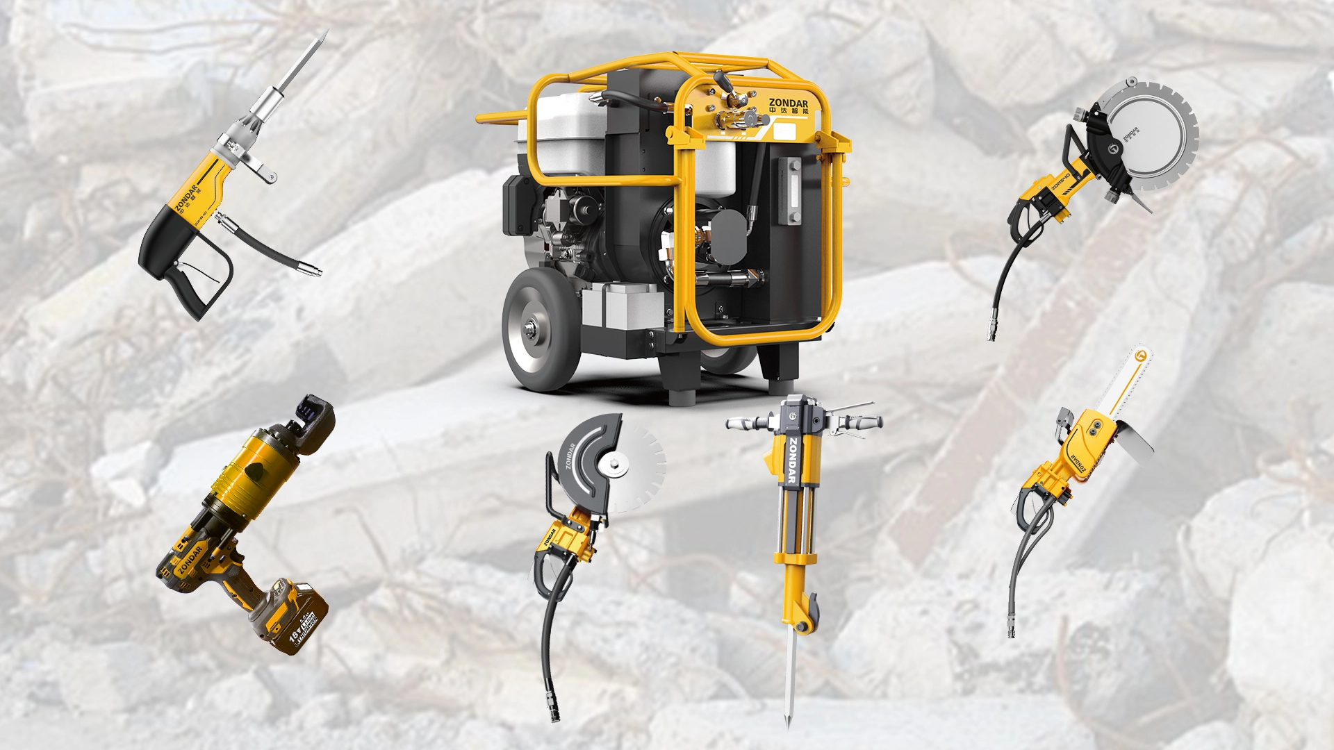 ZODNAR HPU and cut off saw and breaker and rebar cutter and chainsaw